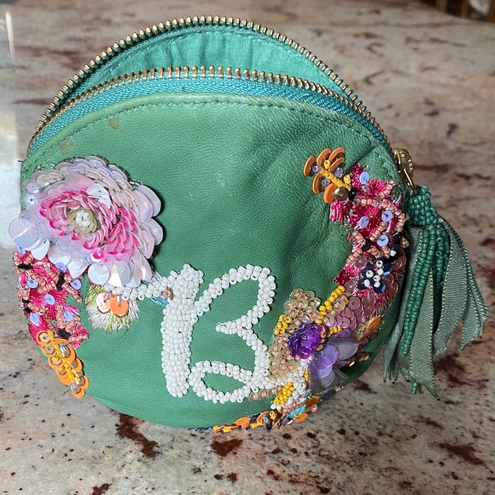 Anthropologie Embroidered Green Round Cosmetic Bag